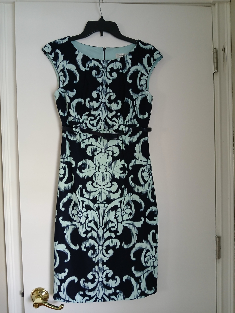 dressbarn Black & Mint Damask Midi Sheath Dress